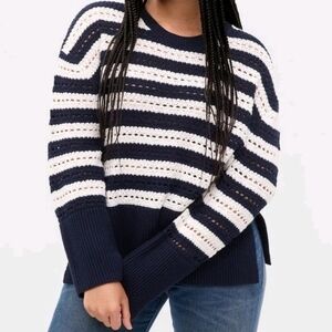 GAP Navy and White Striped Nsutical Coastal Sweater Split Hem Crochet Oversized